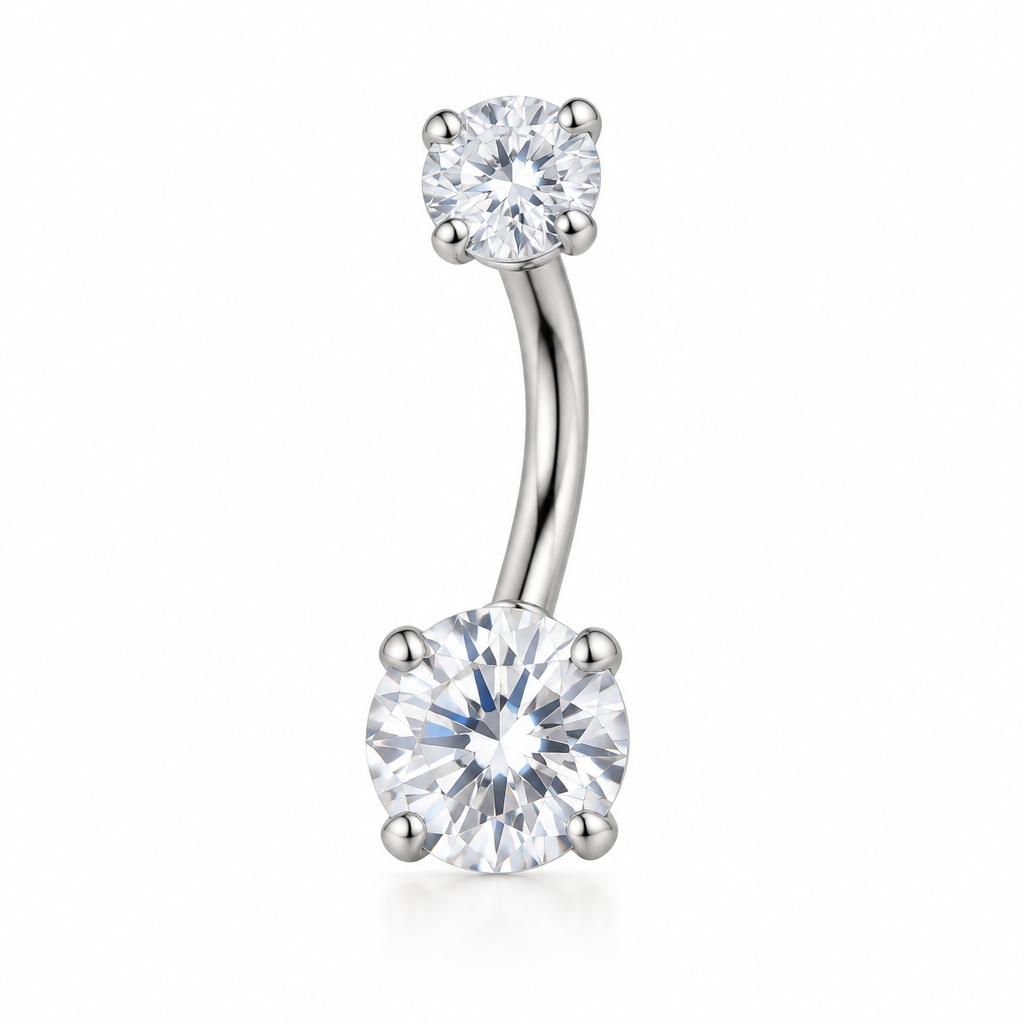 Clear Crystal Belly Bar - Silver with 4-Prong Setting