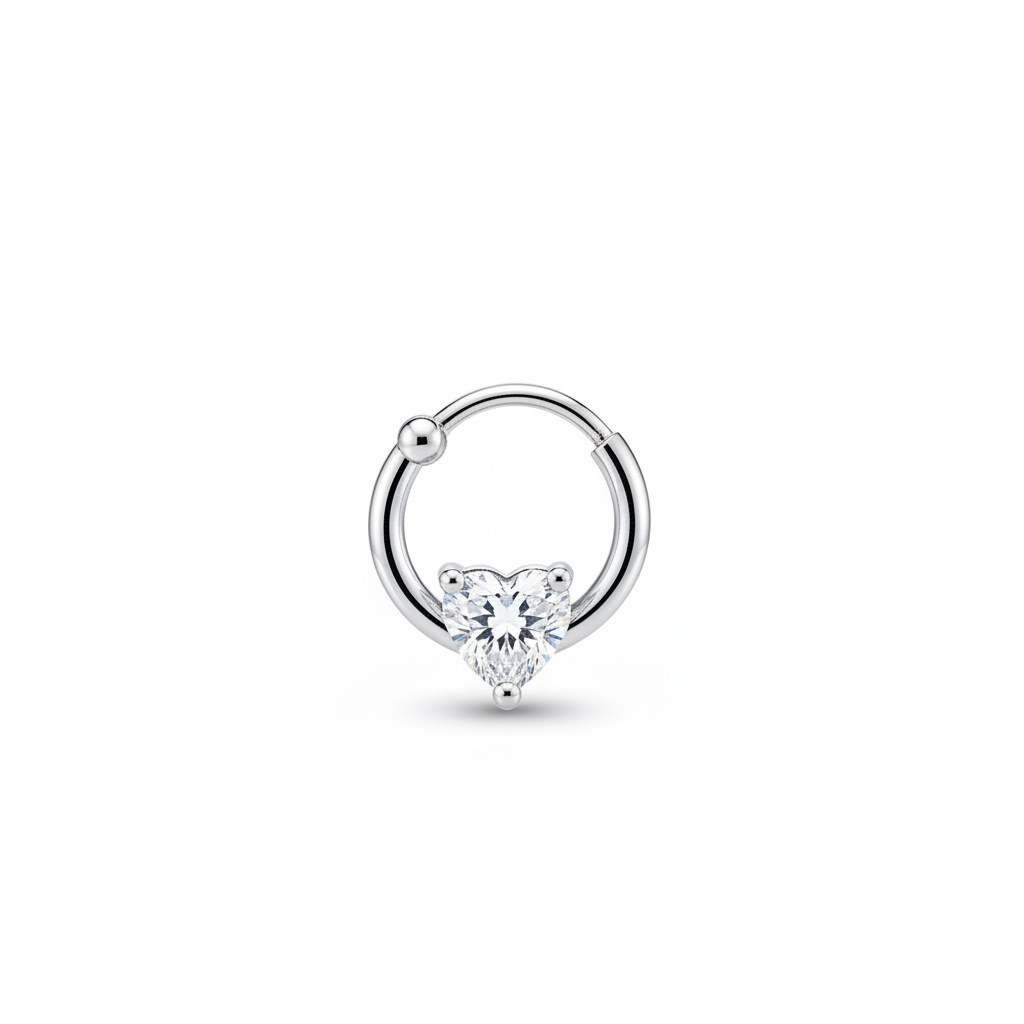 Silver Heart Crystal Clicker Hoop septum or Daith 10mm