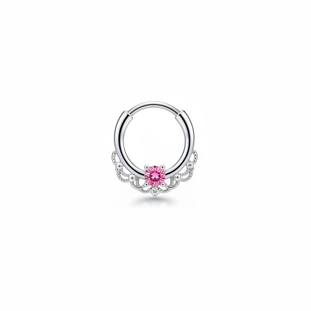 Silver Filigree Pink Gem septum Clicker Ring 10mm