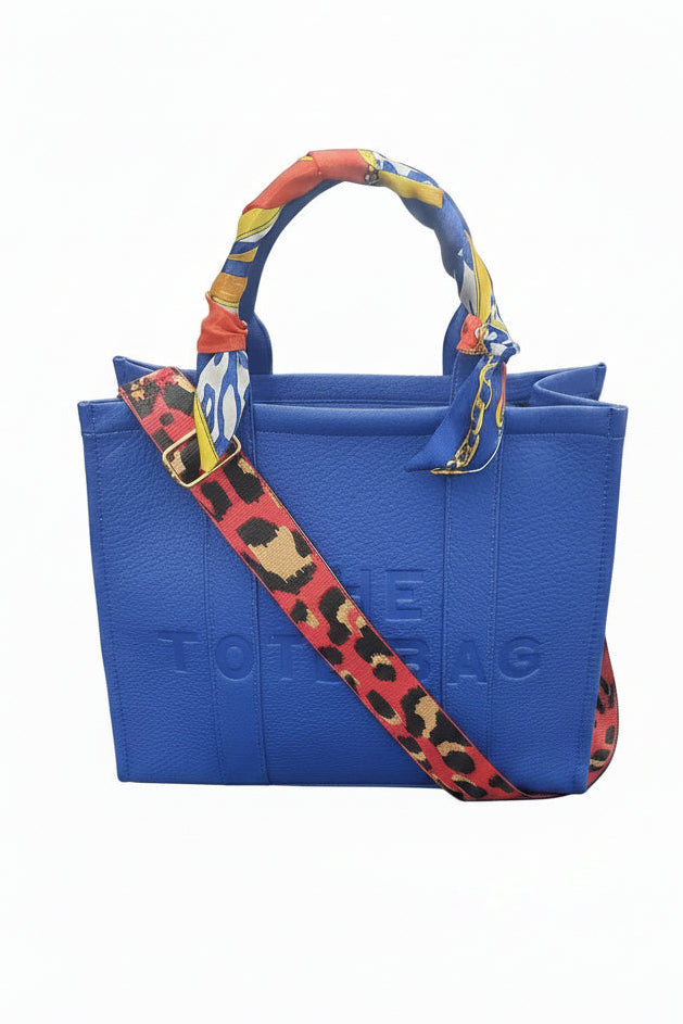 The Tote Bag – Black Embossed Leather with Leopard Strap & Silk Scarf