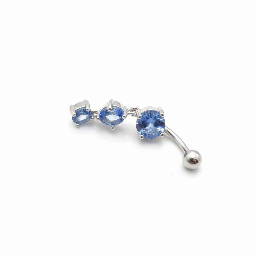 Blue sapphire triple crystal dangle belly bar on white background