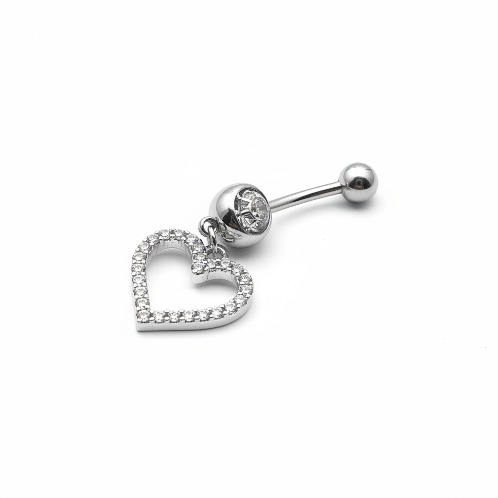 Crystal Heart Dangle Belly Bar | Surgical Steel | 10mm | 1.2mm Gauge