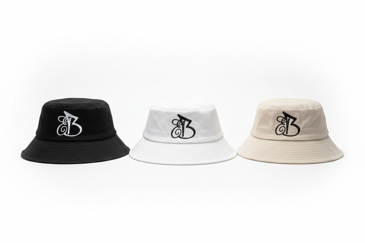EB Logo Bucket Hats – Professional White Background