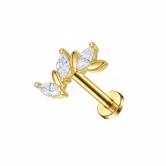 G23 Titanium Labret Stud – Crystal Marquise Leaf Gold