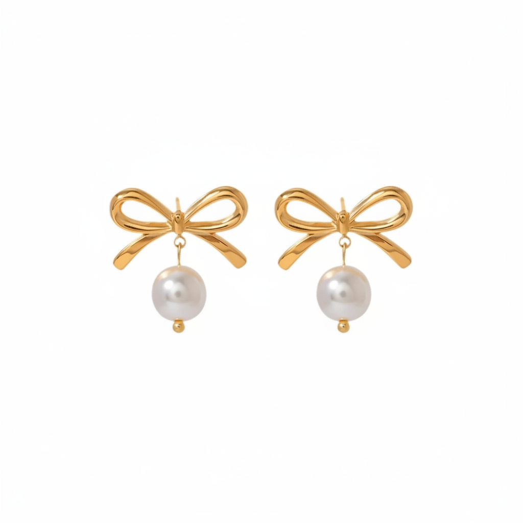 Gold Bow Pearl Drop Earrings