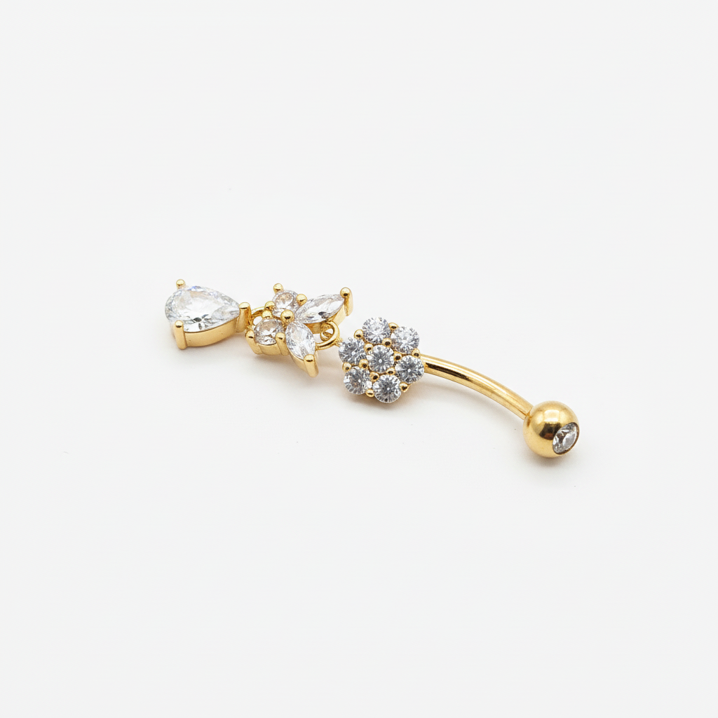 Gold Crystal Cascade Belly Bar - Angle 1