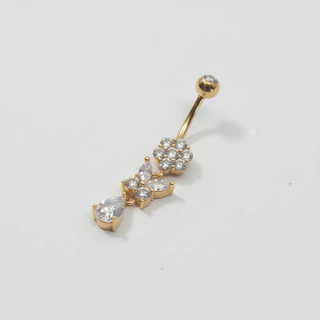 Gold Crystal Cascade Belly Bar - Angle 2