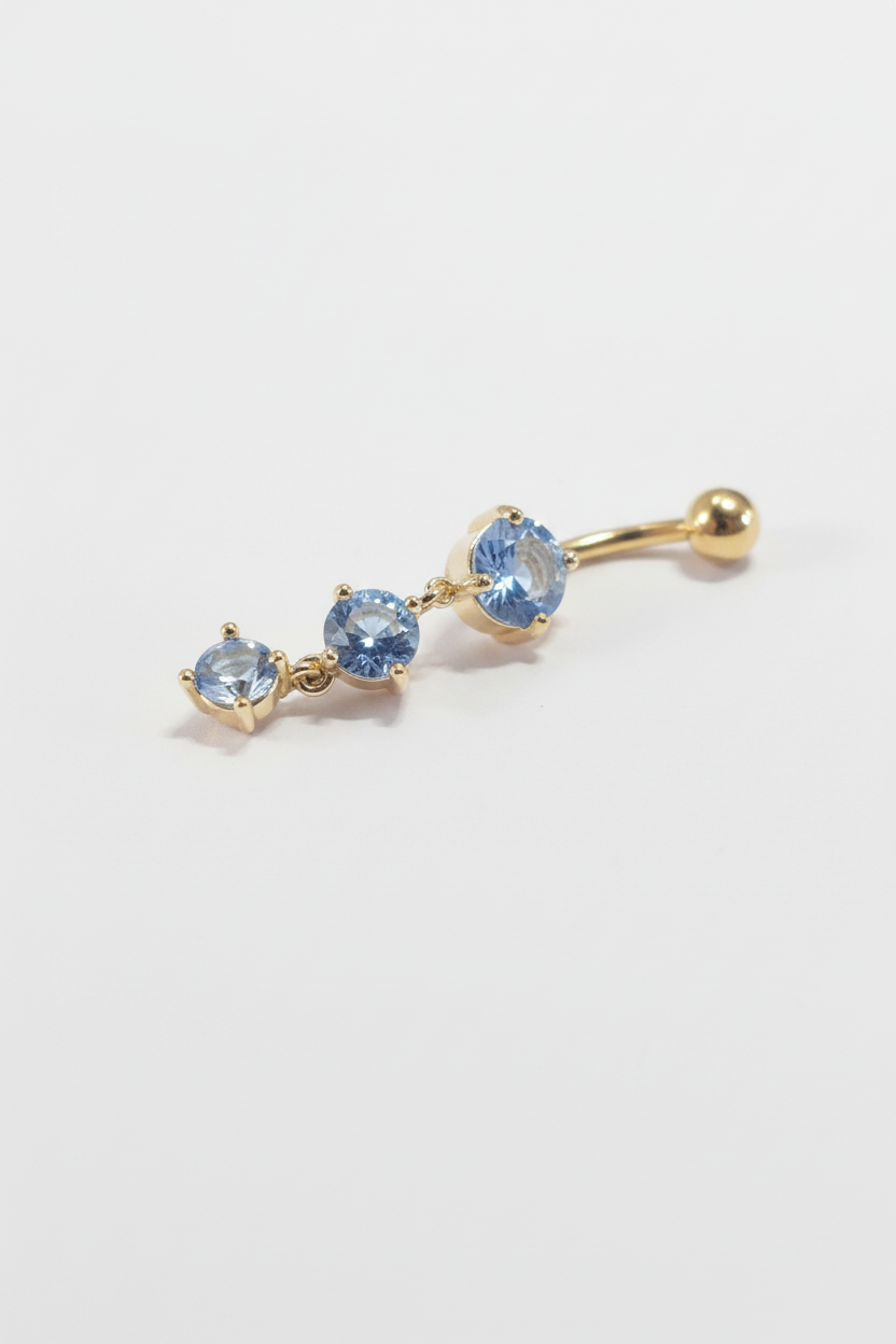 Blue Sapphire Triple Crystal Dangle Belly Bar | 18K Gold Plated PVD | 10mm | 1.2mm Gauge
