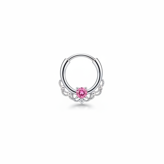 Silver Filigree Pink Gem septum Clicker Ring 10mm