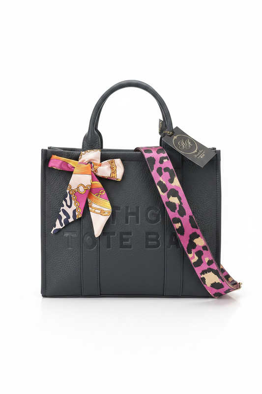 The Tote Bag – Black Embossed Leather with Leopard Strap & Silk Scarf