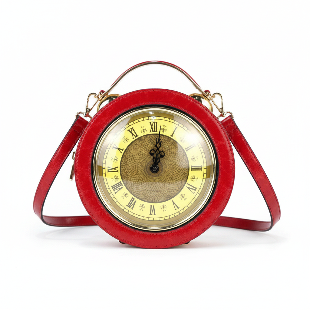 Red Clock Handbag - Leather Strap