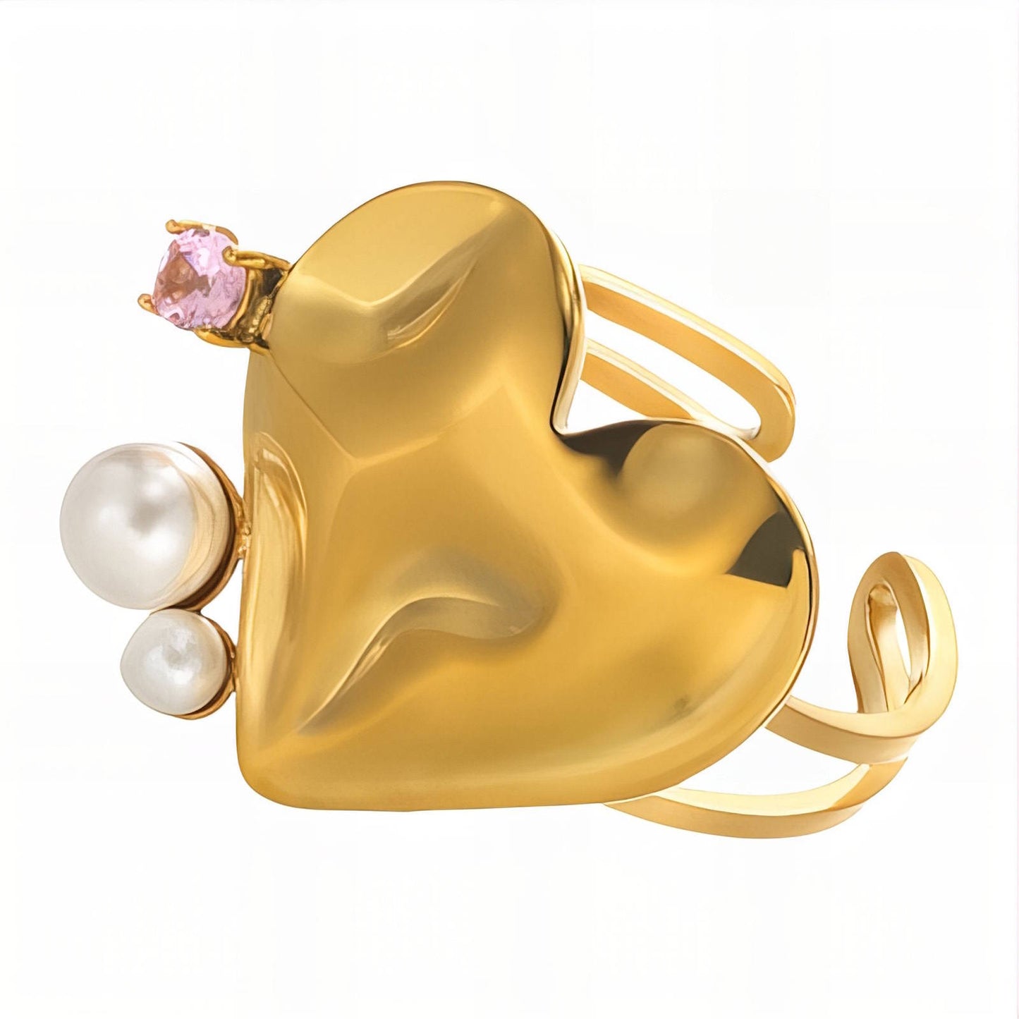 Sculptural Heart Ring | 18K Gold-Plated Pearl & Pink Gemstone