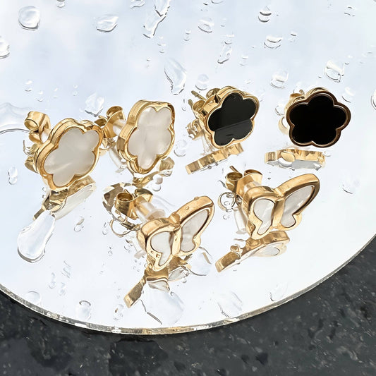 Black Enamel Flower Stud Earrings - 18K Gold Plated