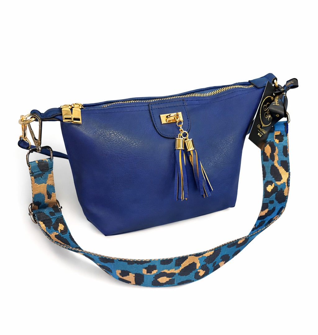 Blue Leather Crossbody Bag with Leopard Print Strap