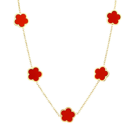 18K Gold Plated Red Clover Necklace - Stainless Steel