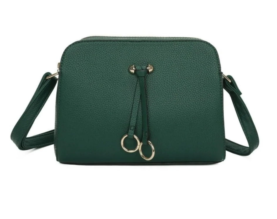 Dark green crossbody bag with double zip and ring charms