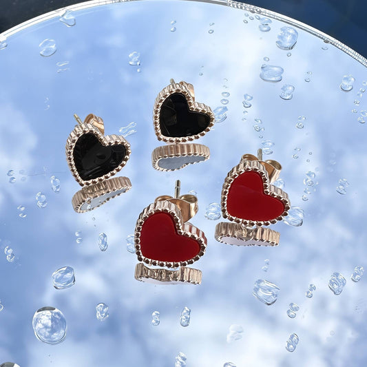 Red Heart Stud Earrings - 18K Gold Plated Stainless Steel