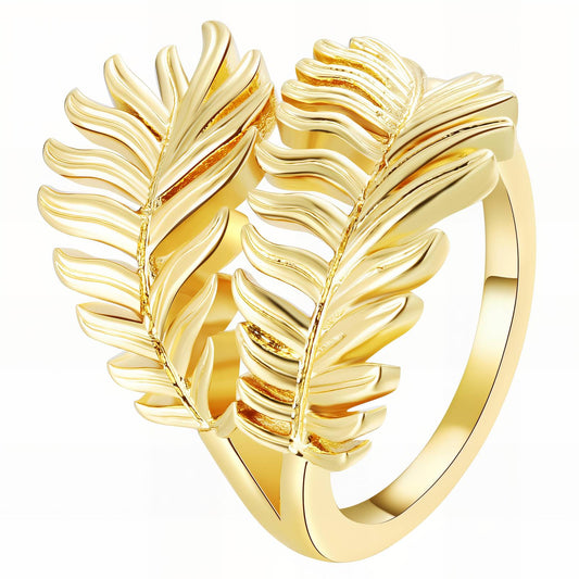 18K Gold Plated Leaf Ring - Adjustable Stainless Steel