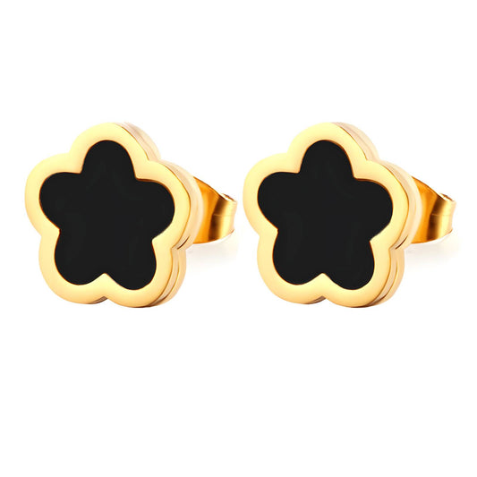 Black Enamel Flower Stud Earrings - 18K Gold Plated
