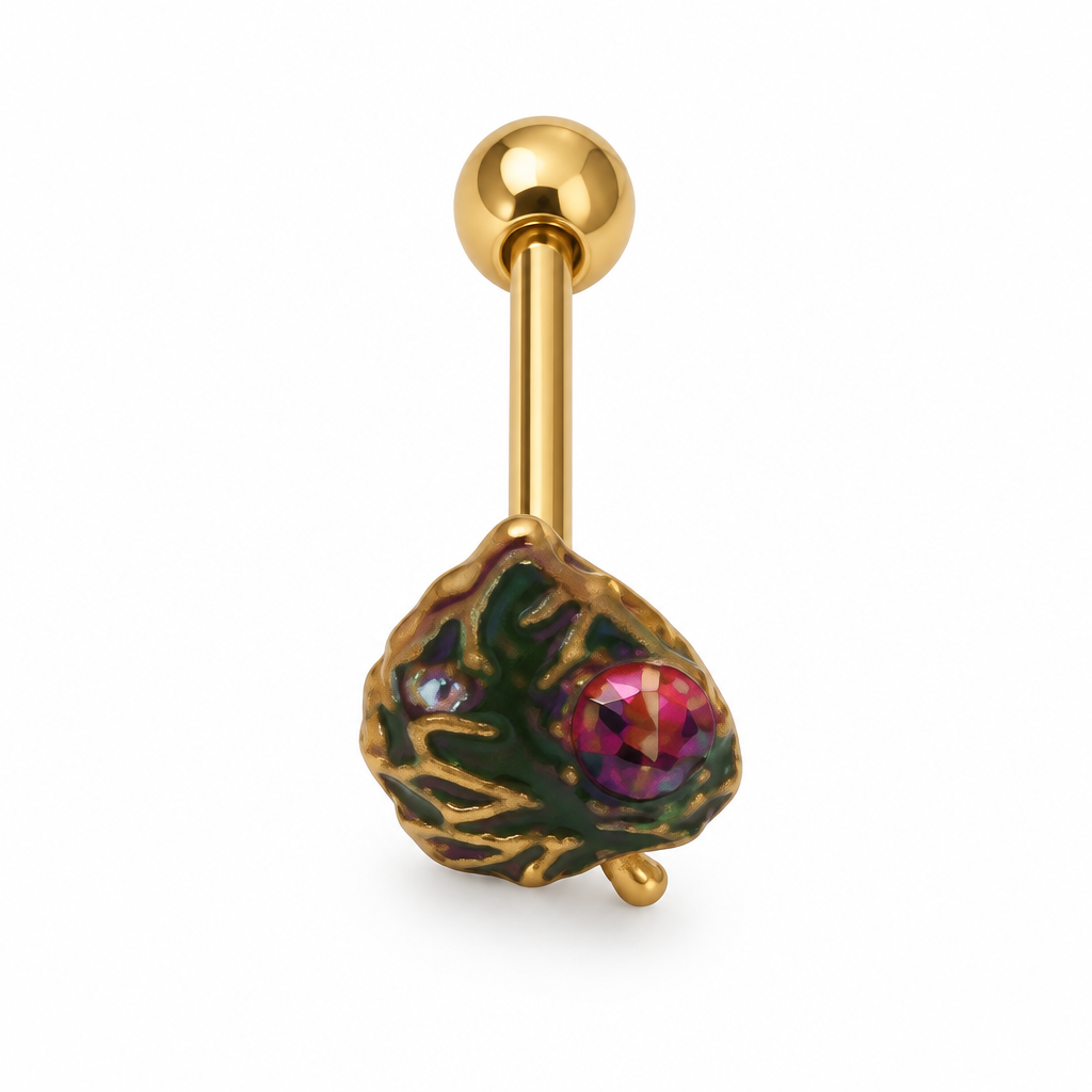 Single gold-tone tongue bar with dark multicolour decorative front and polished ball end